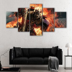 5 panels optimus prime in fire canvas art